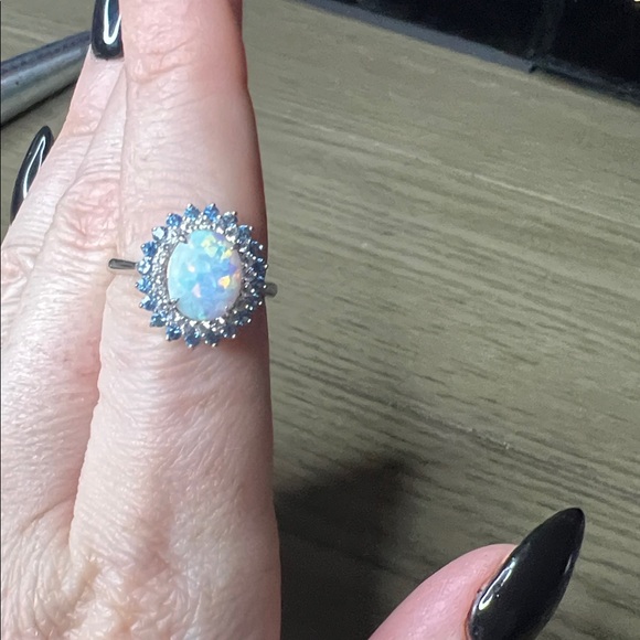 Lab Opal, CZ, and Tanzanite Gemstone Sterling Silver Ring - Picture 4 of 5